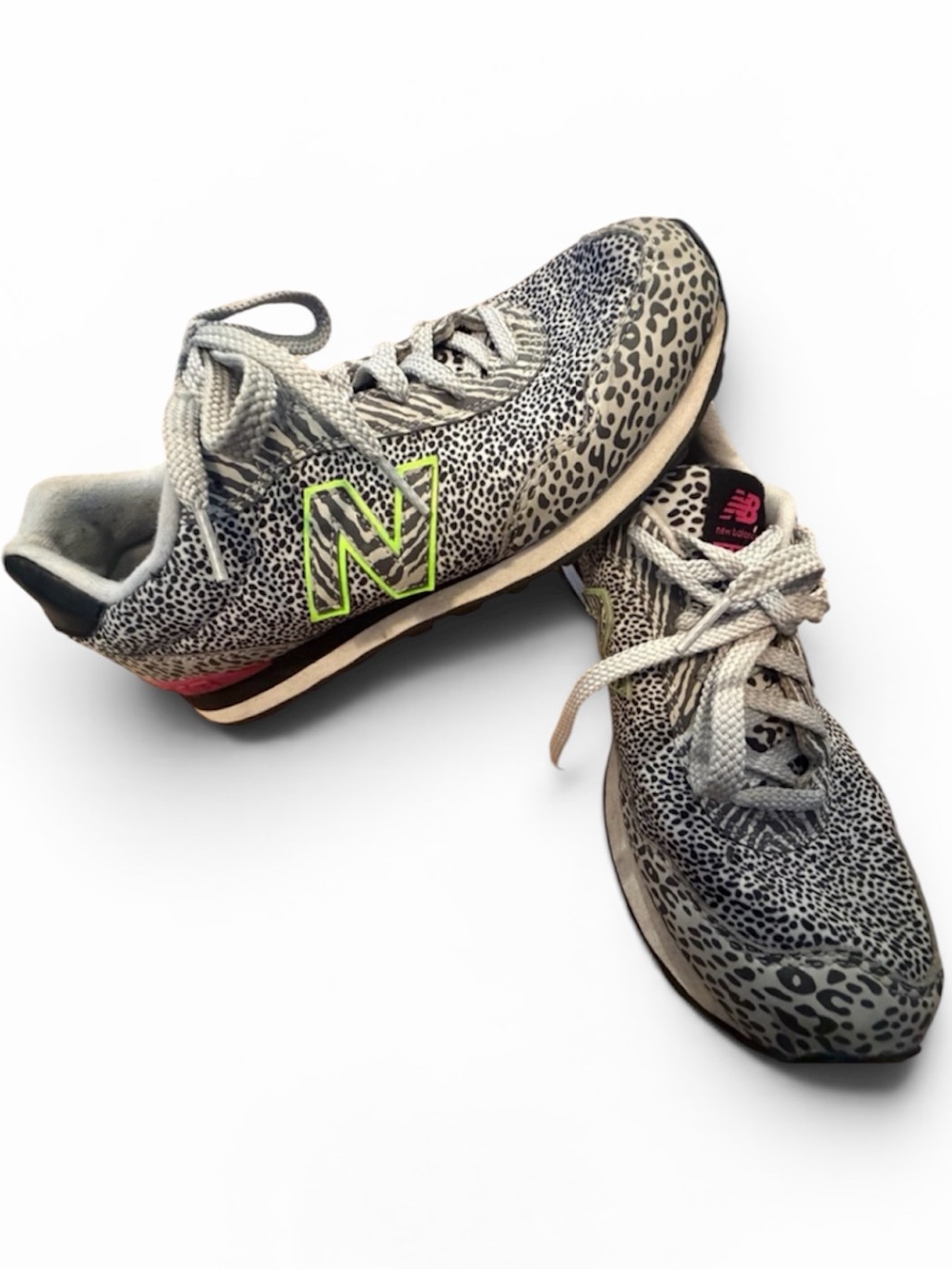New Balance Women's Gray Leopard Print Athletic Sneakers with Neon Accents